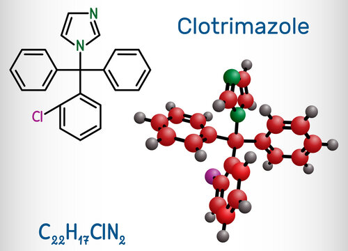 Clotrimazole drug molecule. It is imidazole antimycotic, antifungal agent. Used in treatment of skin, oral, vaginal candida infections. Structural chemical formula, molecule model