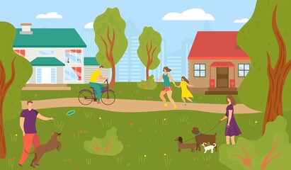People at street house, vector illustration, man woman character walk near town building, urban architecture and nature landscape.