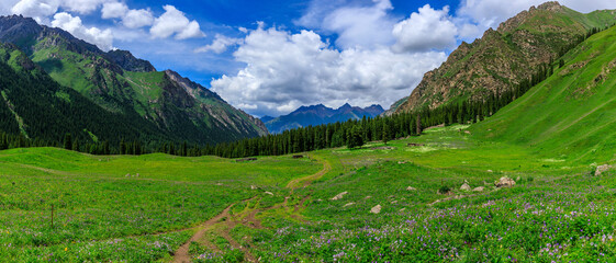 Fototapeta na wymiar Majestic mountains and green grassland in Xiata Scenic Area,Xinjiang,China.