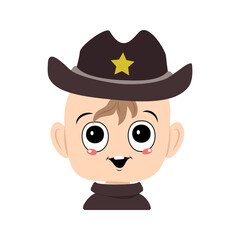 Avatar of a child with big eyes and a wide smile in a sheriff hat with a yellow star. Cute kid with a joyful face in a carnival costume. Head of adorable baby with happy emotions