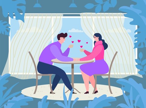Couple date at cafe table, vector illustration, flat man woman character drink coffee at restaurant, happy young girl guy sitting together.
