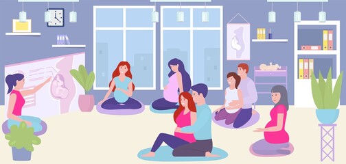 Pregnancy course, vector illustration, pregnant woman character training together at room, partnerhood lesson about flat embrion baby.
