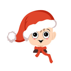 Avatar of a child with big eyes and a wide happy smile in a red Santa hat. Cute kid with a joyful face in a festive costume for new year and Christmas. Head of adorable baby with joyful emotions