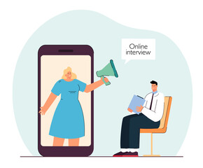 Woman with mouthpiece inviting new employee. Flat vector illustration. Man going through online interview with recruiter, sitting in front of huge smartphone. Interview, HR, online, job concept