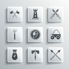 Set Medieval axe, Crossed medieval spears, Wooden four-wheel cart, Ancient coin, Old money bag, Garden pitchfork, flag and sword icon. Vector