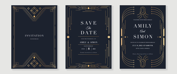 Art deco wedding invitation card vector. Luxury classic antique cards design for VIP invite, Gatsby invitation gold, Fancy party event, Save the date card and Thank you card. Vector illustration.