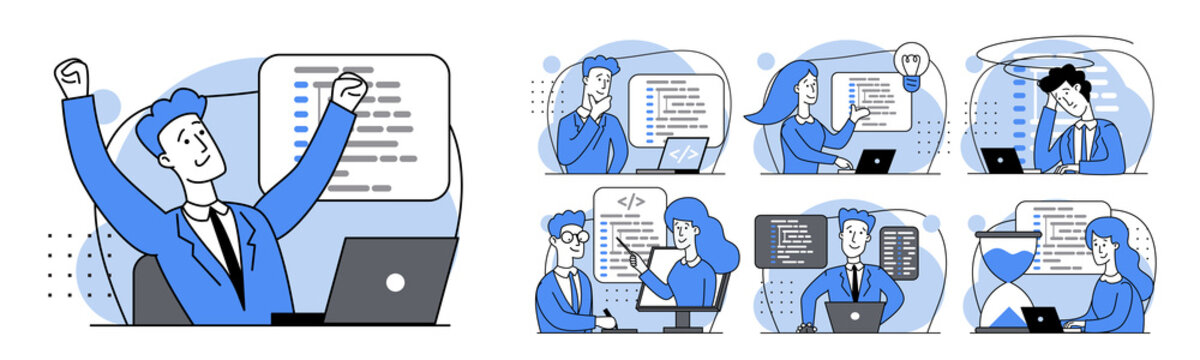 Concept of script coding, programming. JavaScript, PHP, Python, HTML, other languages. Programmer working on web development on laptop. Software developers. Set of Flat cartoon illustrations