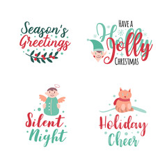 Set of four Christmas logotype or insignia. Cute cartoon Christmas tree. Vector