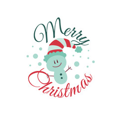 Christmas logotype or insignia. Cute cartoon snowman. Merry Christmas.