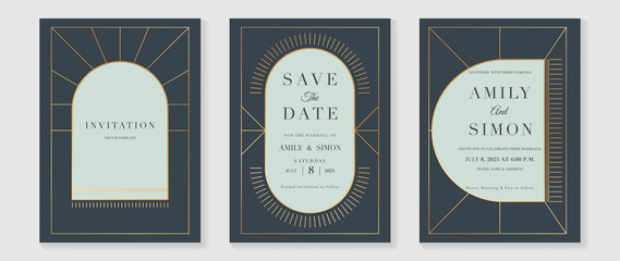 Art deco wedding invitation card vector. Luxury classic antique cards design for VIP invite, Gatsby invitation gold, Fancy party event, Save the date card and Thank you card. Vector illustration.