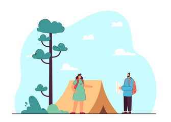 Man and woman on hike flat vector illustration. Couple with backpacks and map standing next to tent, enjoying nature. Active lifestyle, wild life, recreation, tourism concept for banner design