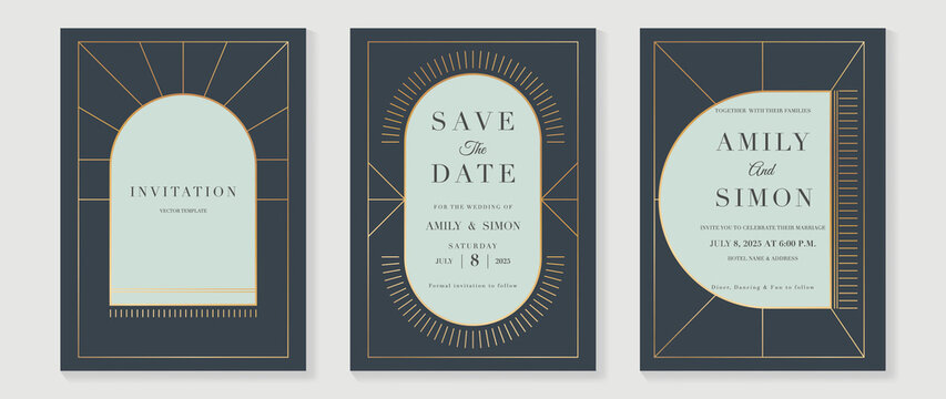 Art deco wedding invitation card vector. Luxury classic antique cards design for VIP invite, Gatsby invitation gold, Fancy party event, Save the date card and Thank you card. Vector illustration.