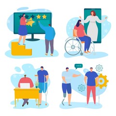 Service for disabled people set, vector illustration, isolated on white man character use social support near person worker, online doctor help