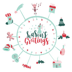 Christmas post card with merry xmas doodles and modern Christmas insignia. Callygraphic logo. Vector