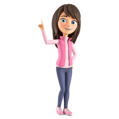 Character cartoon beautiful modest girl in a pink jacket points a finger to an empty space on a white background. 3d render illustration.