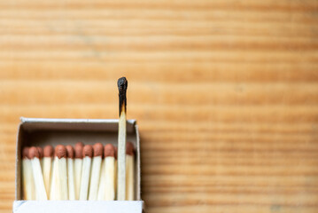 Selective focus wooden matches,cardboard,burnt match.Matchsticks on yellow wooden background.Copy space.Closeup.