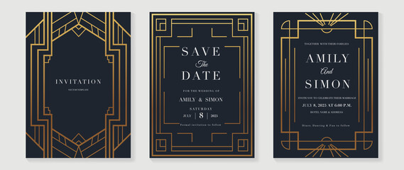 Art deco wedding invitation card vector. Luxury classic antique cards design for VIP invite, Gatsby invitation gold, Fancy party event, Save the date card and Thank you card. Vector illustration.