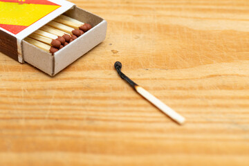 Selective focus wooden matches,cardboard,burnt match.Matchsticks on yellow wooden background.Copy space.Closeup.