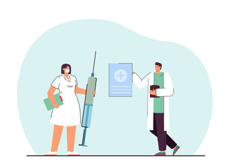 Tiny doctors with giant syringe flat vector illustration. Medical workers in white coats treating people, helping, keeping them healthy, getting rid of diseases. Medicine, help, injection concept