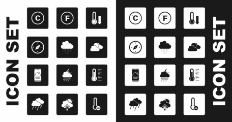 Set Meteorology thermometer, Cloud with rain, Compass, Celsius, Sun and cloud weather, Fahrenheit, and Weather forecast icon. Vector