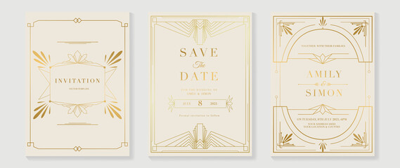 Art deco wedding invitation card vector. Luxury classic antique cards design for VIP invite, Gatsby invitation gold, Fancy party event, Save the date card and Thank you card. Vector illustration.