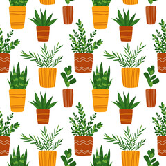 House plants on white background seamless pattern. Potted flowers repeat print. Hand drawn botanical indoor decor.