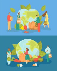 Planet ecology, care about earth environment, vector illustration. Flat tiny people use recycle eco bag, woman man stand near globe
