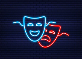 Comedy and tragedy theatrical masks. Neon style. Vector illustration.