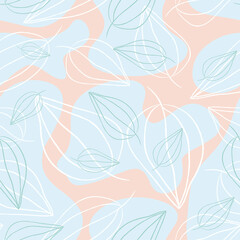 Hand drawn seamless pattern. Simple pastel pattern with leaves. Art line leafs. Vector