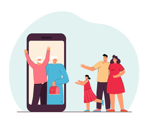 Family communicating online with their grandparents. Flat vector illustration..Grandfather, grandmother talking to their granddaughter, her parents via video call. Family, online, Internet concept