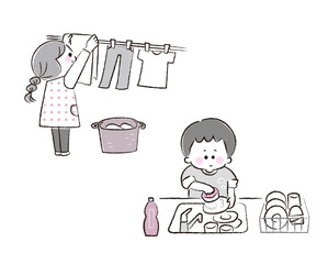 洗濯をする女児と皿洗いをする男児のセット