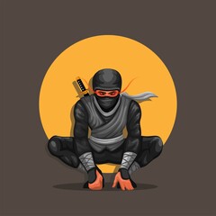 Ninja crouch pose character illustration vector