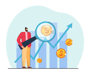 Young financier researching market flat vector illustration. Businessman studying statistics with huge magnifying glass on background of graphic. Analytics, profit, currency concept for banner design