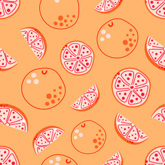 Seamless pattern of hand drawn grapefruits or oranges on orange background.