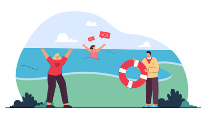 Kind people helping drowning woman. Flat vector illustration. Man and girl running to sea with life buoy, saving girl. Resort, rescue, swimming, safety, help concept for banner design or landing page