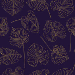Vector seamless pattern with gold linear monstera palm plant leaves 