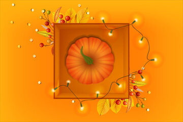 Orange pumpkin and gift box with garland on orange background. Happy Thanksgiving. Autumn wallpaper. Fall background. Pumpkin harvest. High quality photo