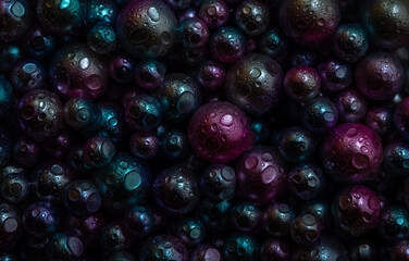 Beautiful background with nacreous dark pearls, top view. Abstract texture for festive backgrounds. Shiny multicolored dark surface of Christmas decorations. Gems close-up. Black bright background.