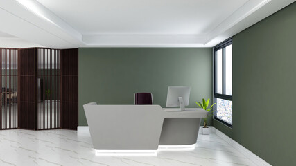 office front desk or receptionist room with wooden design interior
