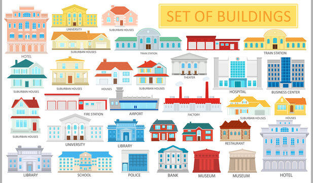 Collection of various city buildings. Suburban houses. Icons of buildings.