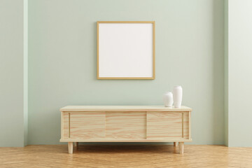 Square wooden poster frame mockup on wooden table in living room interior on empty pastel color wall background. 3D rendering.