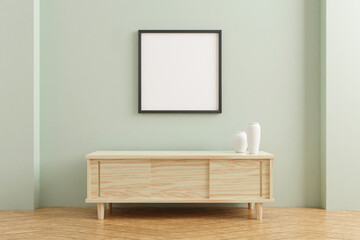 Fototapeta na wymiar Black square poster frame mockup on wooden table in living room interior on empty pastel color wall background. 3D rendering.