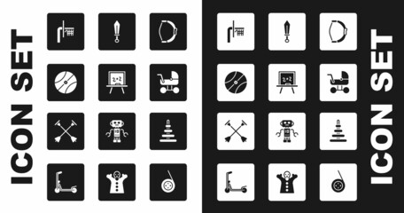 Set Bow toy, Chalkboard, Basketball ball, backboard, Baby stroller, Sword, Pyramid and Arrow with sucker tip icon. Vector