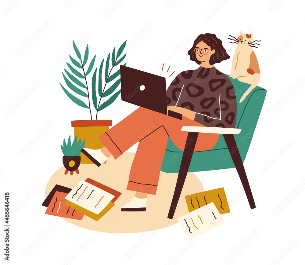 Poster creative writer with laptop and scattered papers around. female author working with copies and compu