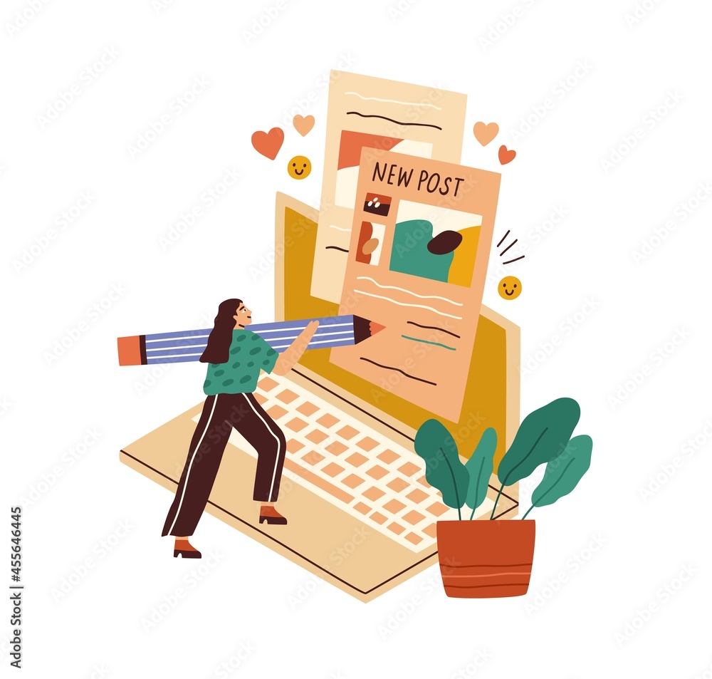 Poster blogger creating content for blog. tiny woman copywriter writing new post for social media. author a