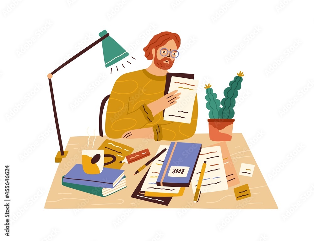 Poster novel writer at desk with books and papers. creative author sitting at table and writing. editor in 
