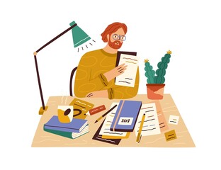 Novel writer at desk with books and papers. Creative author sitting at table and writing. Editor in glasses working with literature at workplace. Flat vector illustration isolated on white background - obrazy, fototapety, plakaty