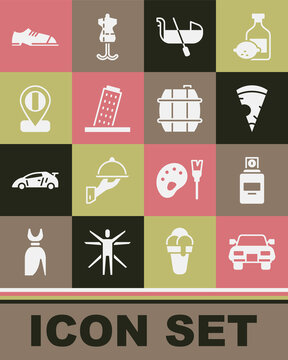 Set Car, Perfume, Slice of pizza, Gondola, Tower in Pisa, Location flag Italy, Men shoes and Barrel for wine icon. Vector