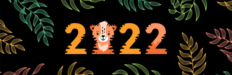 2022 tiger banner. Chinese New year horoscope. Animal symbol color vector illustration. Tropical leaf
