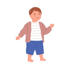 Happy little child walking barefoot. Cute adorable kid smiling with joy. Funny joyful lovely boy laughing, expressing positive emotions. Flat vector illustration isolated on white background
